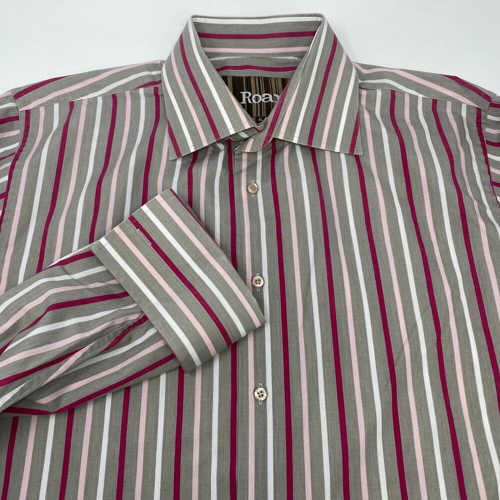 Roar Mens XL Gray Pink Striped Long Sleeve French Cuff Button Up Shirt